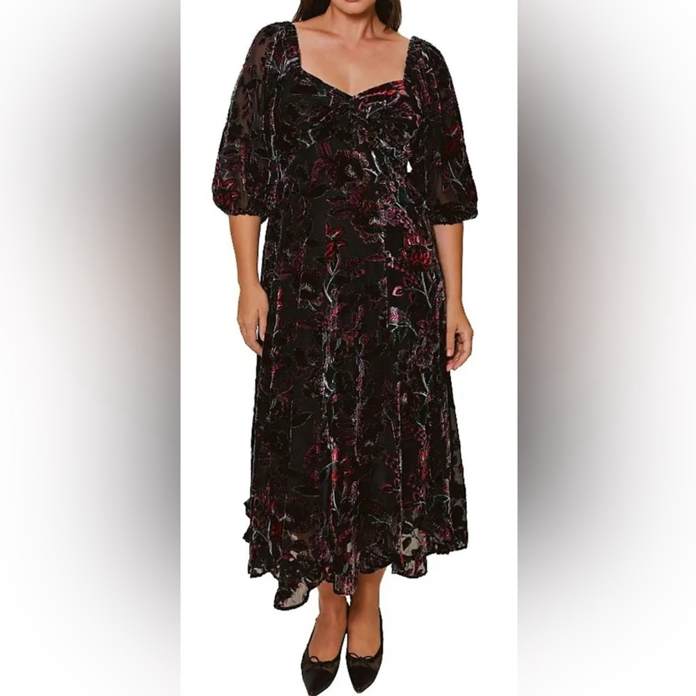 NEW HUTCH x Anthropologie CAMI DRESS BLACK JAPONISME FLORAL velvet mauve puff 2X